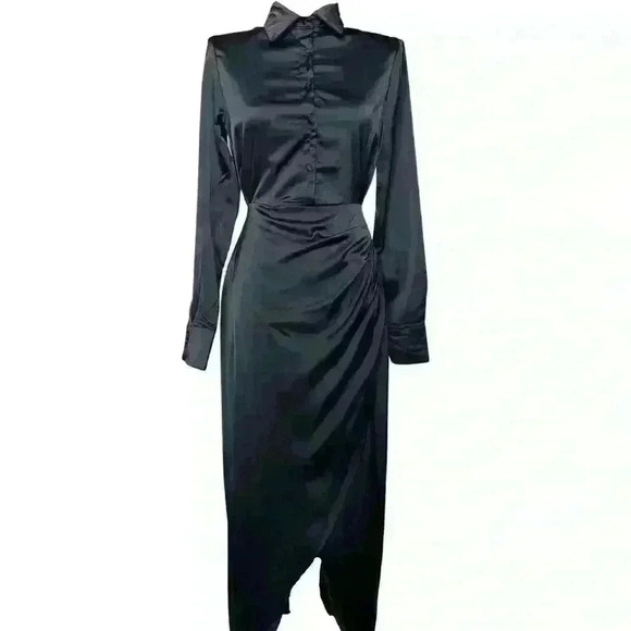 Ebony Silky Satin Maxi Dress with Side Slit - Picture 1 of 3